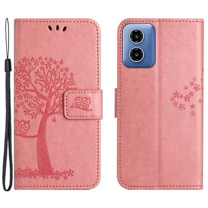 For Motorola Moto G04 4G / G24 4G Leather Case Wallet Phone Cover Imprinted Owl Tree