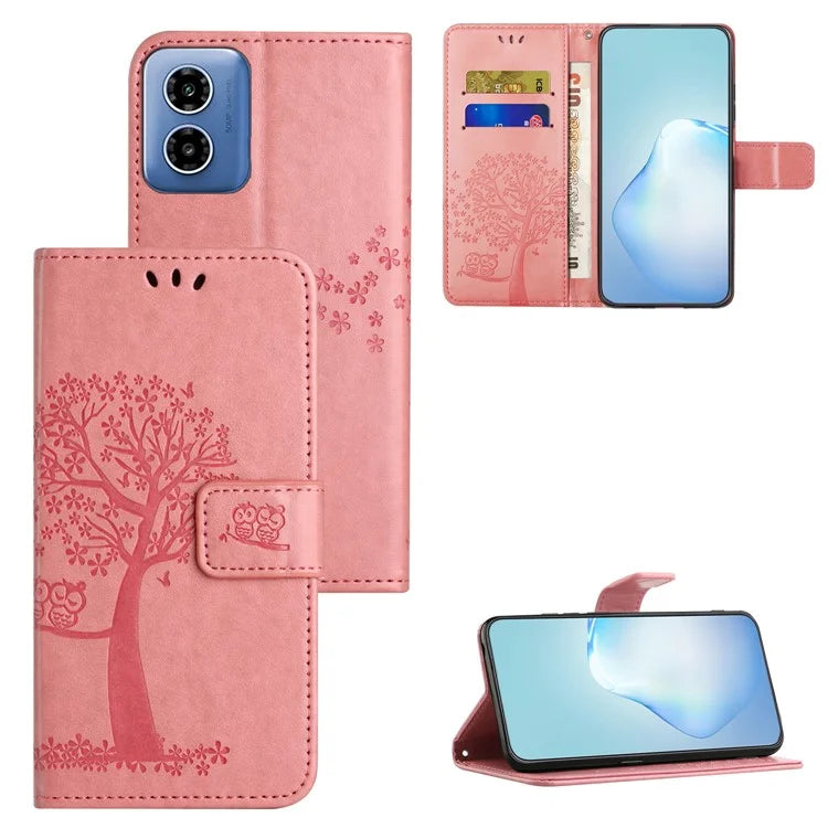 For Motorola Moto G04 4G / G24 4G Leather Case Wallet Phone Cover Imprinted Owl Tree