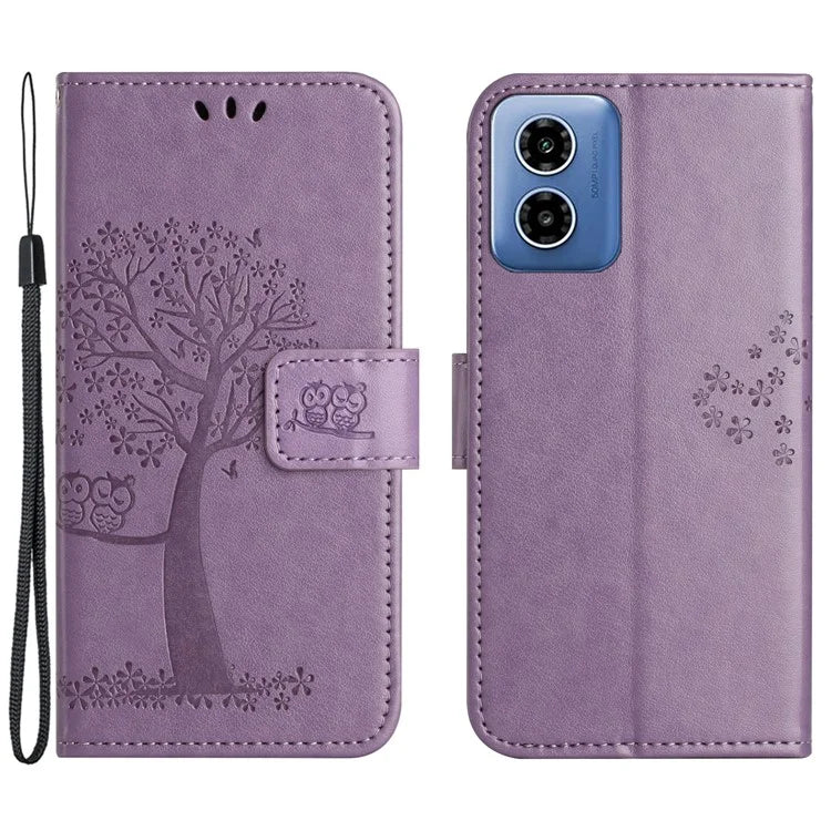 For Motorola Moto G04 4G / G24 4G Leather Case Wallet Phone Cover Imprinted Owl Tree