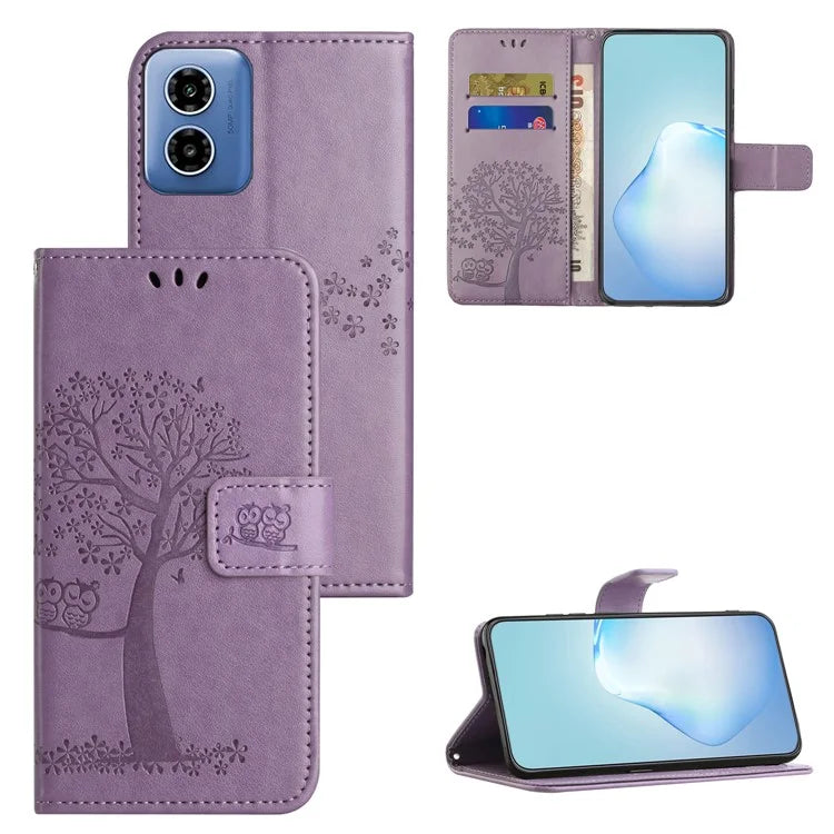For Motorola Moto G04 4G / G24 4G Leather Case Wallet Phone Cover Imprinted Owl Tree