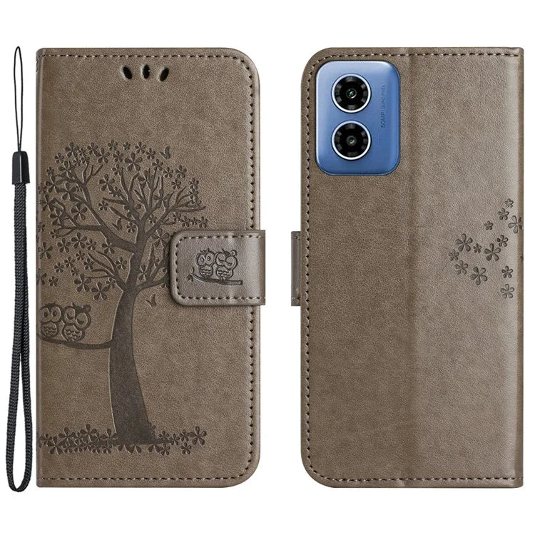 For Motorola Moto G04 4G / G24 4G Leather Case Wallet Phone Cover Imprinted Owl Tree