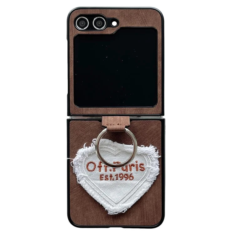 For Samsung Galaxy Z Flip5 5G Case Leather+PC Ring Kickstand Phone Cover Heart Embroidery
