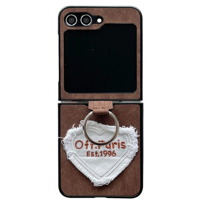 For Samsung Galaxy Z Flip5 5G Case Leather+PC Ring Kickstand Phone Cover Heart Embroidery