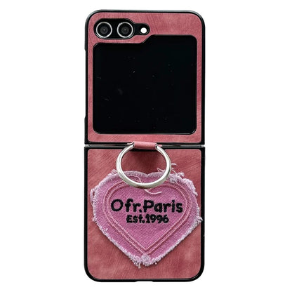 For Samsung Galaxy Z Flip5 5G Case Leather+PC Ring Kickstand Phone Cover Heart Embroidery