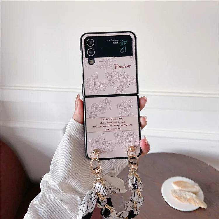 For Samsung Galaxy Z Flip4 5G PC Case Sketch Pattern Folding Phone Cover with Wrist Strap