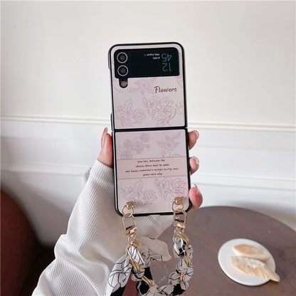 For Samsung Galaxy Z Flip4 5G PC Case Sketch Pattern Folding Phone Cover with Wrist Strap