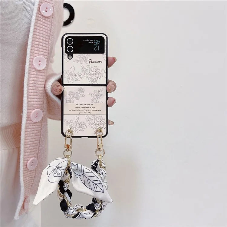 For Samsung Galaxy Z Flip4 5G PC Case Sketch Pattern Folding Phone Cover with Wrist Strap