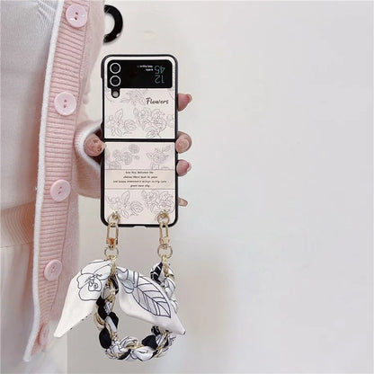 For Samsung Galaxy Z Flip4 5G PC Case Sketch Pattern Folding Phone Cover with Wrist Strap