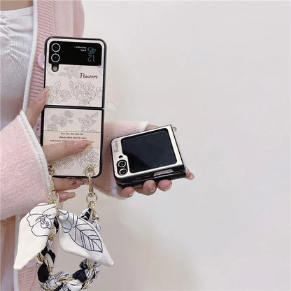 For Samsung Galaxy Z Flip4 5G PC Case Sketch Pattern Folding Phone Cover with Wrist Strap