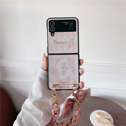 For Samsung Galaxy Z Flip4 5G PC Case Sketch Pattern Folding Phone Cover with Wrist Strap
