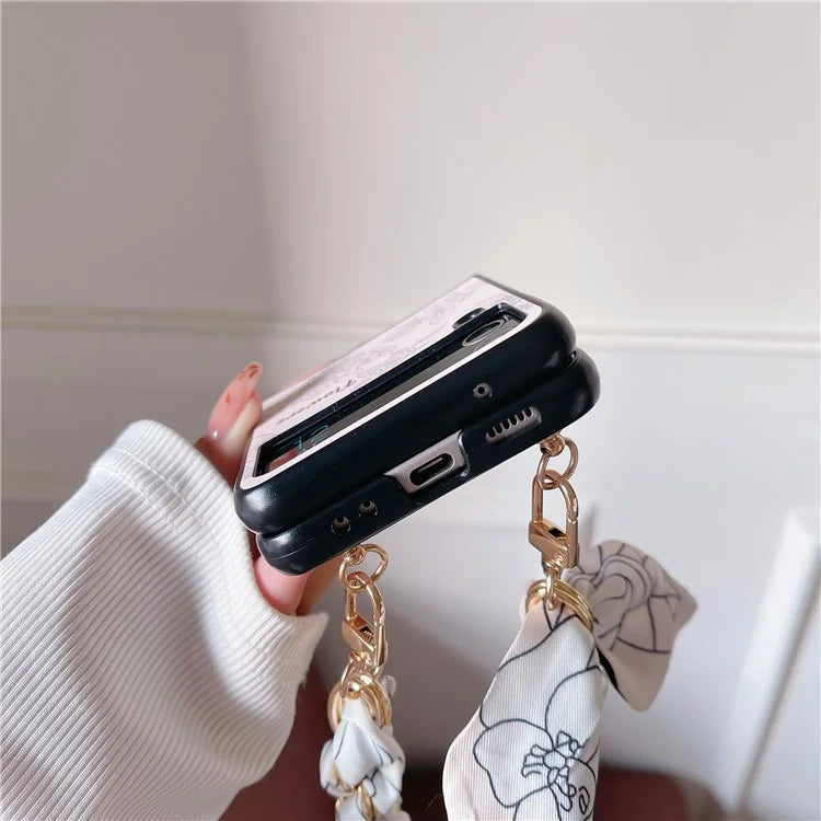For Samsung Galaxy Z Flip4 5G PC Case Sketch Pattern Folding Phone Cover with Wrist Strap