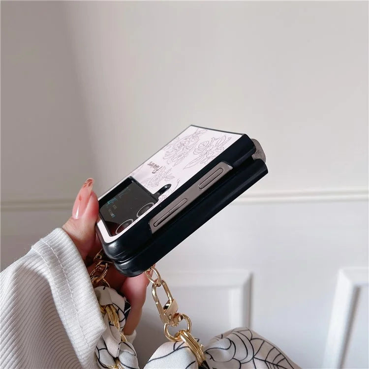 For Samsung Galaxy Z Flip4 5G PC Case Sketch Pattern Folding Phone Cover with Wrist Strap