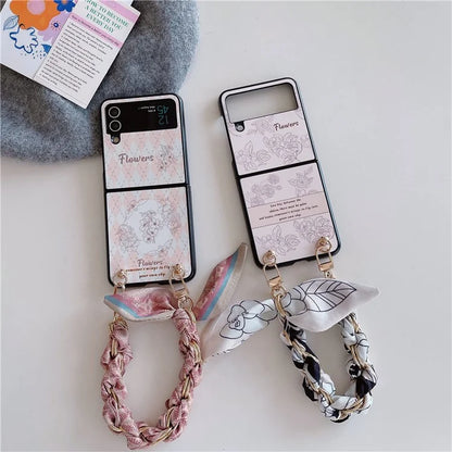 For Samsung Galaxy Z Flip4 5G PC Case Sketch Pattern Folding Phone Cover with Wrist Strap