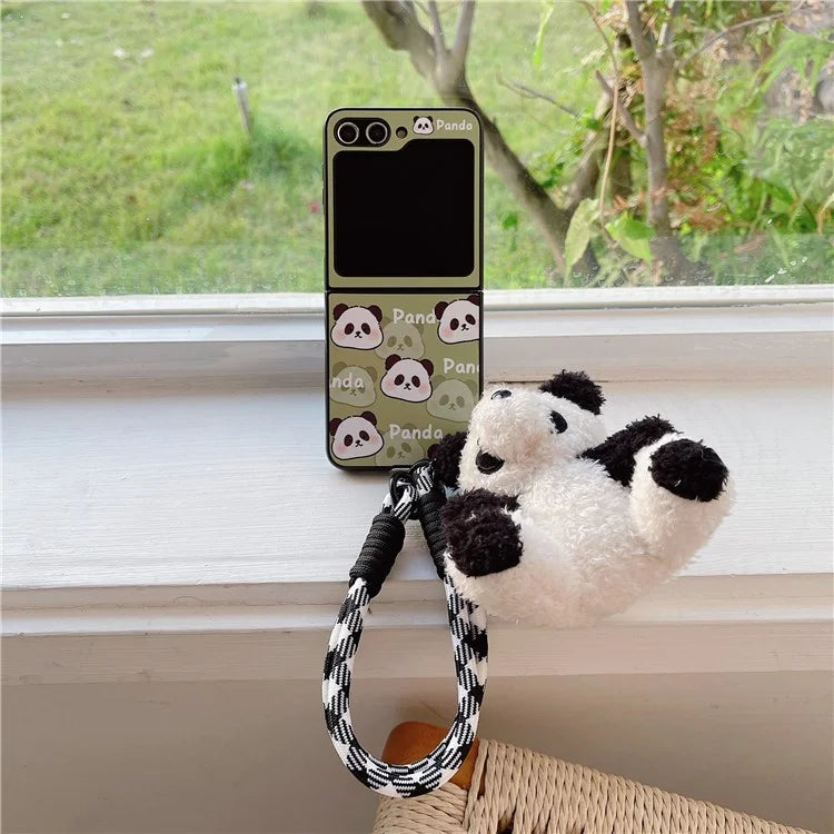 For Samsung Galaxy Z Flip5 5G Case Panda Pattern PC Phone Cover with Hand Strap, Small Doll