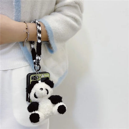 For Samsung Galaxy Z Flip5 5G Case Panda Pattern PC Phone Cover with Hand Strap, Small Doll