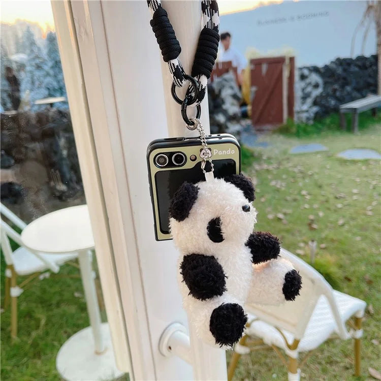 For Samsung Galaxy Z Flip5 5G Case Panda Pattern PC Phone Cover with Hand Strap, Small Doll