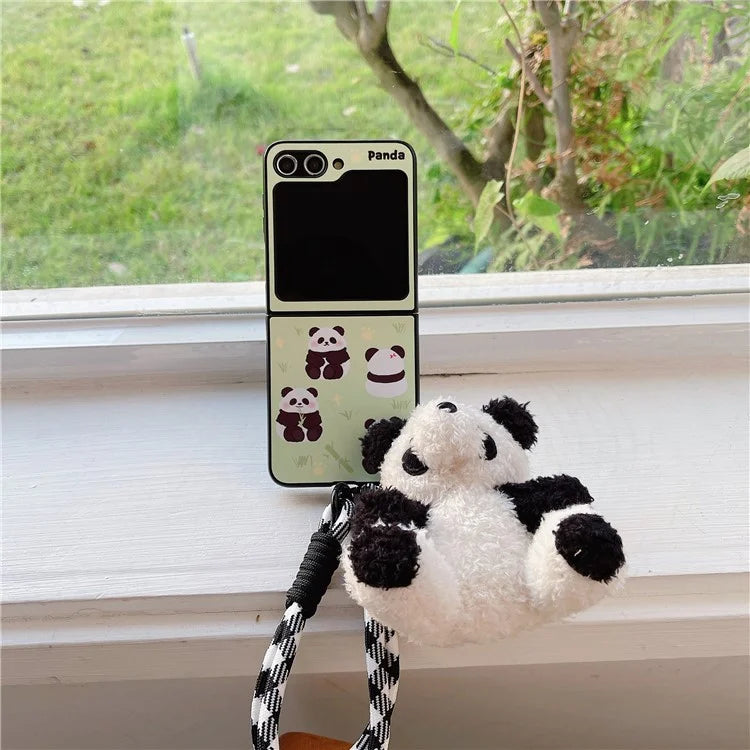 For Samsung Galaxy Z Flip5 5G Case Panda Pattern PC Phone Cover with Hand Strap, Small Doll
