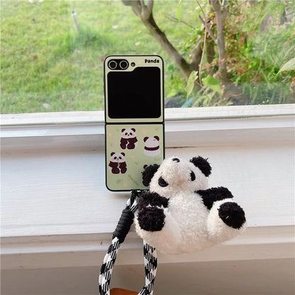 For Samsung Galaxy Z Flip5 5G Case Panda Pattern PC Phone Cover with Hand Strap, Small Doll