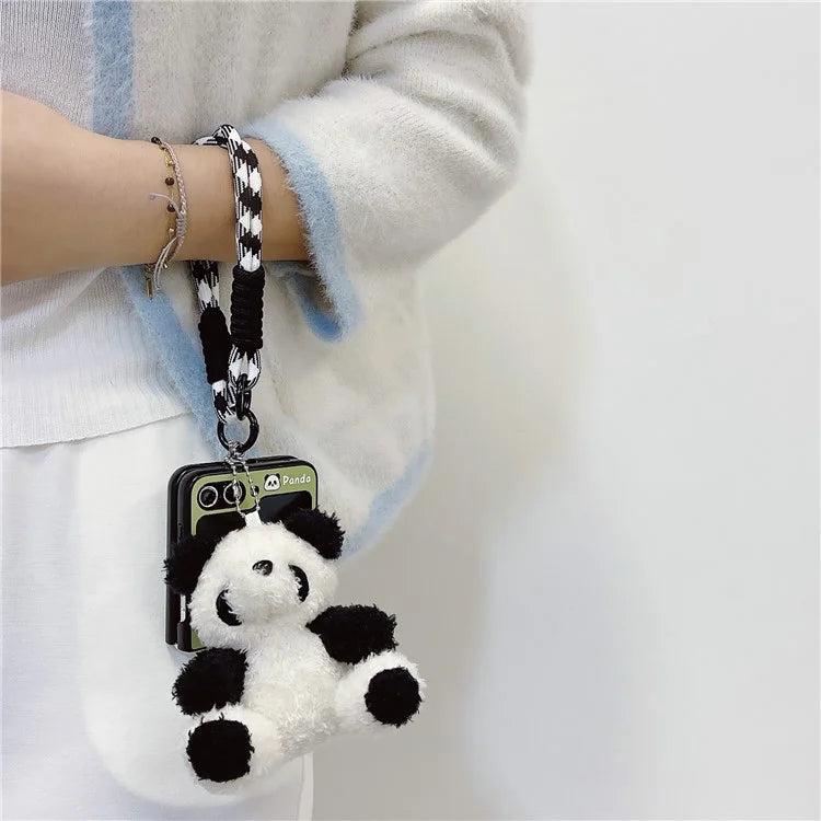 For Samsung Galaxy Z Flip5 5G Case Panda Pattern PC Phone Cover with Hand Strap, Small Doll