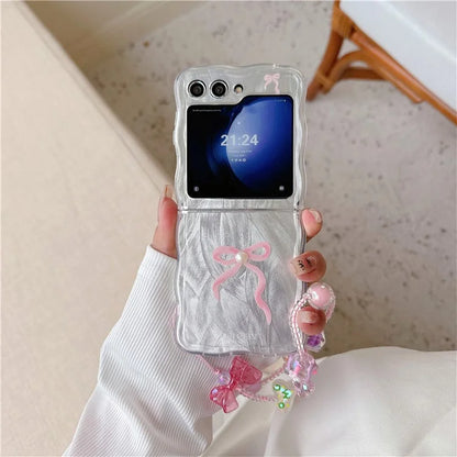For Samsung Galaxy Z Flip5 5G Case Wavy Edge Bowknot Decor TPU Phone Cases with Wrist Strap