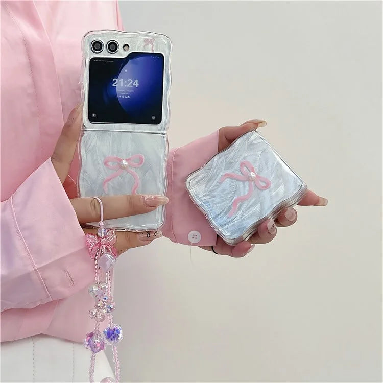 For Samsung Galaxy Z Flip5 5G Case Wavy Edge Bowknot Decor TPU Phone Cases with Wrist Strap