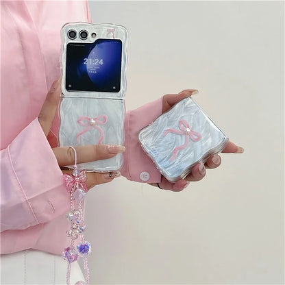 For Samsung Galaxy Z Flip5 5G Case Wavy Edge Bowknot Decor TPU Phone Cases with Wrist Strap