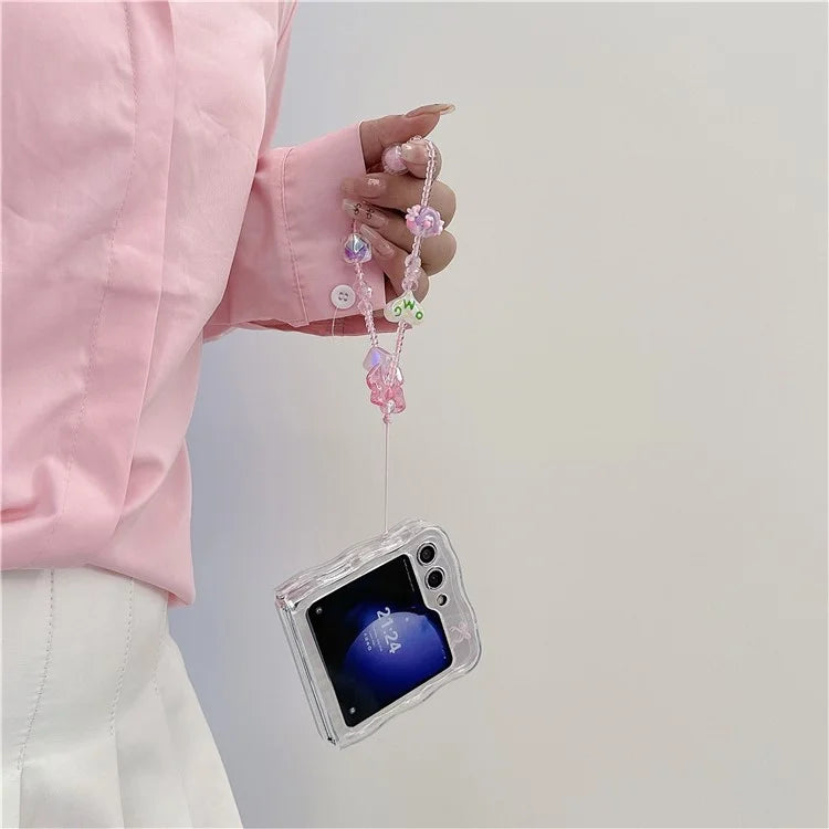 For Samsung Galaxy Z Flip5 5G Case Wavy Edge Bowknot Decor TPU Phone Cases with Wrist Strap