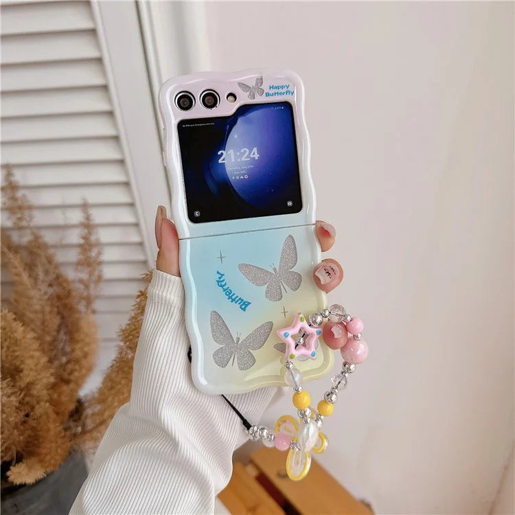 For Samsung Galaxy Z Flip5 5G Case Glitter Power Pattern TPU Phone Protective Shell with Hand Strap