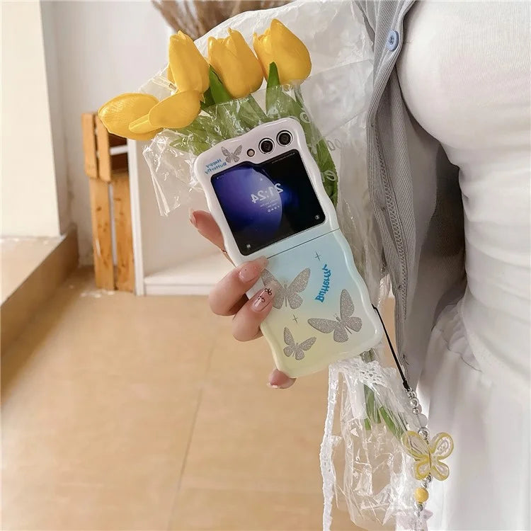 For Samsung Galaxy Z Flip5 5G Case Glitter Power Pattern TPU Phone Protective Shell with Hand Strap