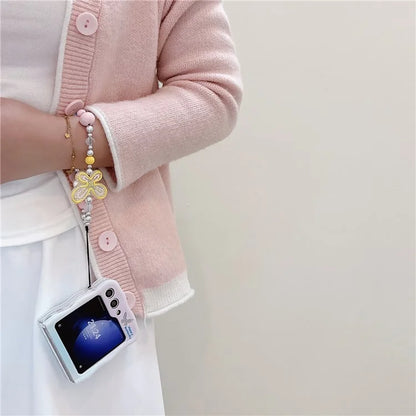 For Samsung Galaxy Z Flip5 5G Case Glitter Power Pattern TPU Phone Protective Shell with Hand Strap