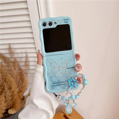 For Samsung Galaxy Z Flip5 5G Case Glitter Power Pattern TPU Phone Protective Shell with Hand Strap