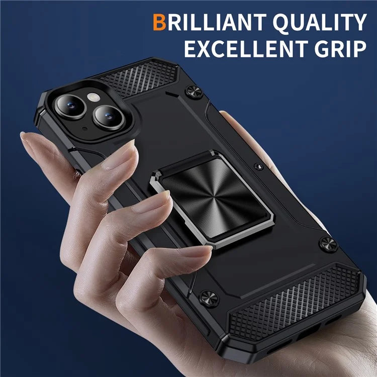 For iPhone 15 Plus Case PC+TPU Ring Holder Kickstand Protective Phone Cover
