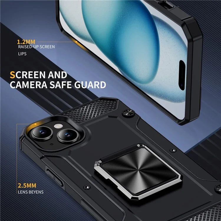 For iPhone 15 Plus Case PC+TPU Ring Holder Kickstand Protective Phone Cover