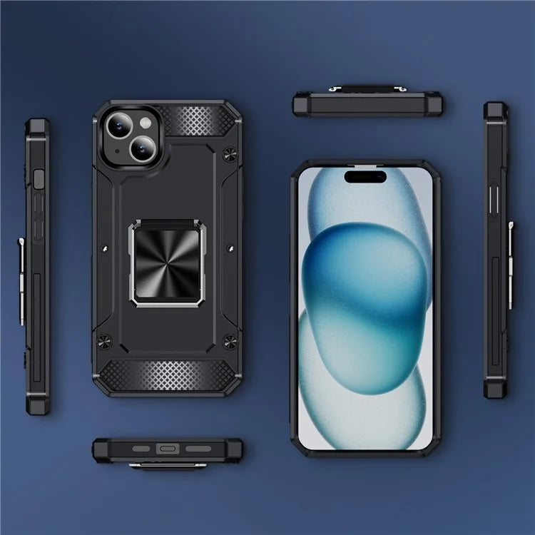 For iPhone 15 Plus Case PC+TPU Ring Holder Kickstand Protective Phone Cover