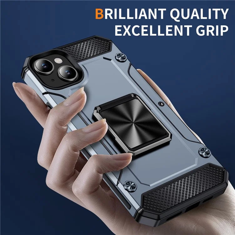 For iPhone 15 Plus Case PC+TPU Ring Holder Kickstand Protective Phone Cover