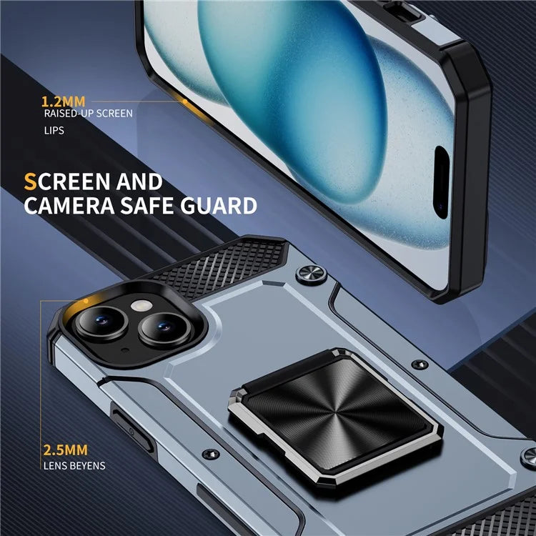 For iPhone 15 Plus Case PC+TPU Ring Holder Kickstand Protective Phone Cover