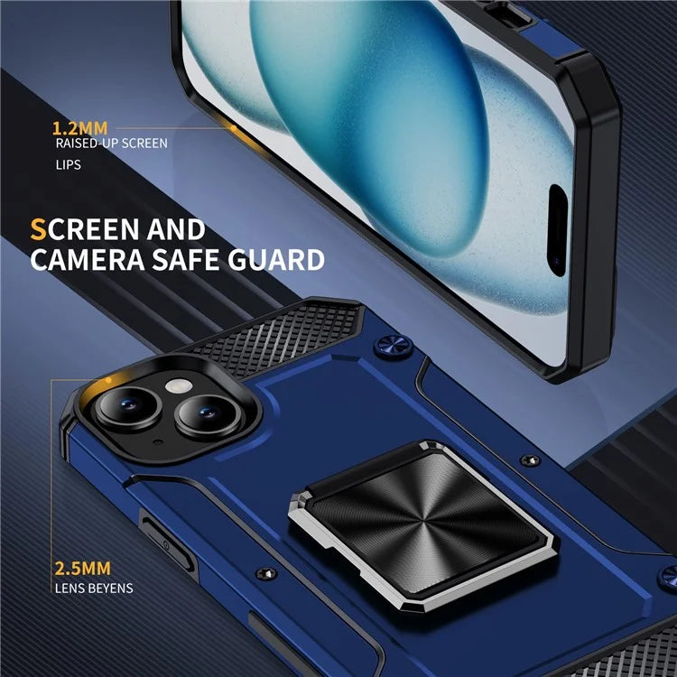 For iPhone 15 Plus Case PC+TPU Ring Holder Kickstand Protective Phone Cover