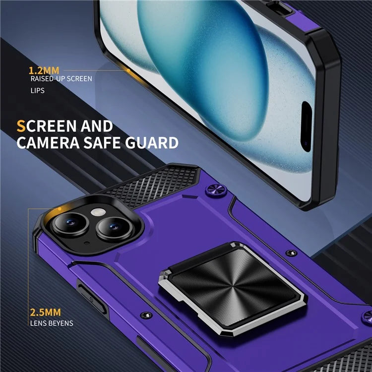 For iPhone 15 Plus Case PC+TPU Ring Holder Kickstand Protective Phone Cover