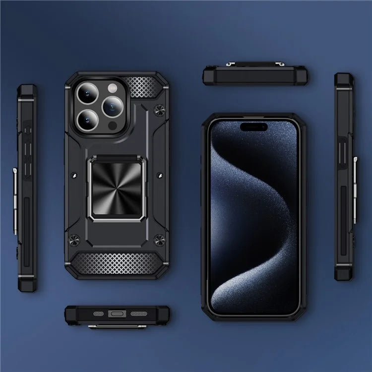 For iPhone 15 Pro Max Case with Ring Kickstand PC+TPU Shockproof Protective Phone Cover