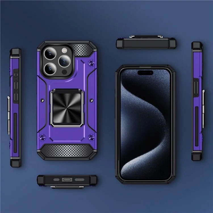For iPhone 15 Pro Max Case with Ring Kickstand PC+TPU Shockproof Protective Phone Cover