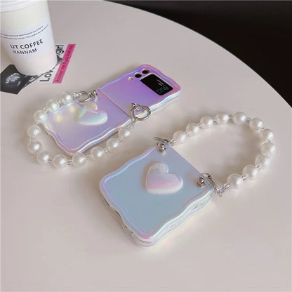 For Samsung Galaxy Z Flip4 5G Case Heart Pattern Laser TPU Phone Cover with Bracelet Chain