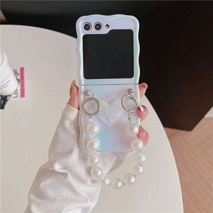 For Samsung Galaxy Z Flip5 5G Laser Case TPU Love Heart Pattern Phone Cover with Chain