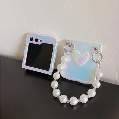 For Samsung Galaxy Z Flip5 5G Laser Case TPU Love Heart Pattern Phone Cover with Chain