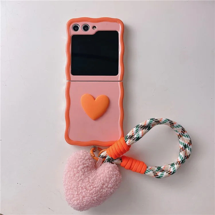 For Samsung Galaxy Z Flip5 5G Case Heart Pattern TPU Phone Cover with Hand Strap