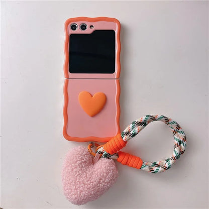 For Samsung Galaxy Z Flip5 5G Case Heart Pattern TPU Phone Cover with Hand Strap