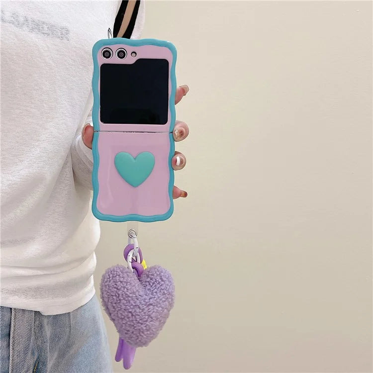 For Samsung Galaxy Z Flip5 5G Case Heart Pattern TPU Phone Cover with Hand Strap