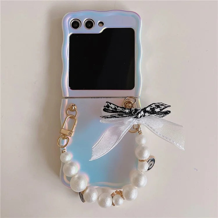 For Samsung Galaxy Z Flip5 5G Case Laser Effect TPU Phone Cover with Pearls Hand Strap