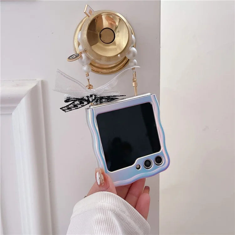 For Samsung Galaxy Z Flip5 5G Case Laser Effect TPU Phone Cover with Pearls Hand Strap