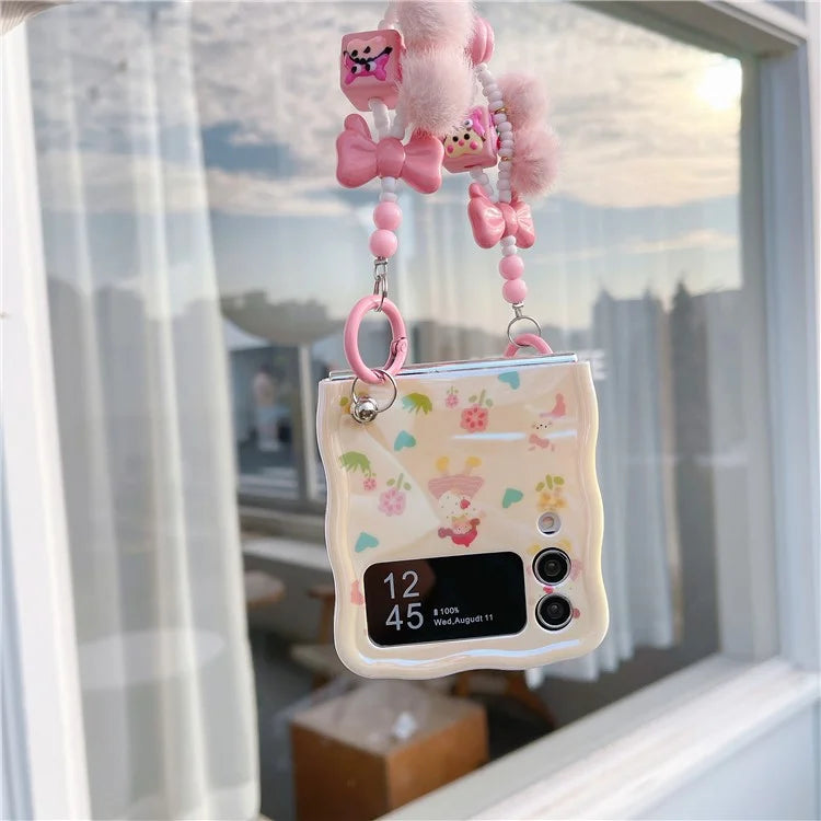 For Samsung Galaxy Z Flip4 5G Case IMD Girl Flower Pattern TPU Phone Cover with Beads Hand Strap