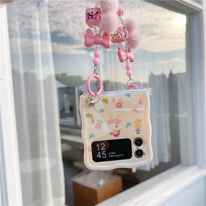 For Samsung Galaxy Z Flip4 5G Case IMD Girl Flower Pattern TPU Phone Cover with Beads Hand Strap